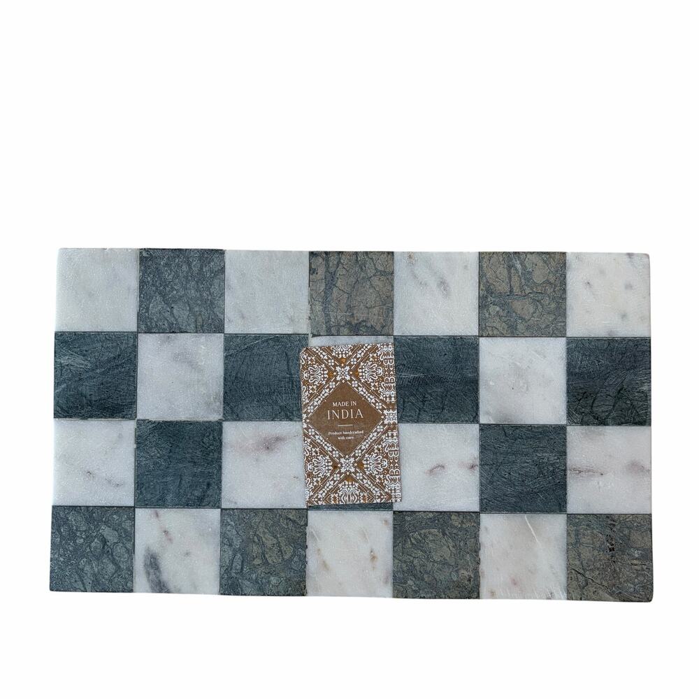 Marble Checkered Footed Tray 8x14 Artisan Green & White Handcrafted in India NEW